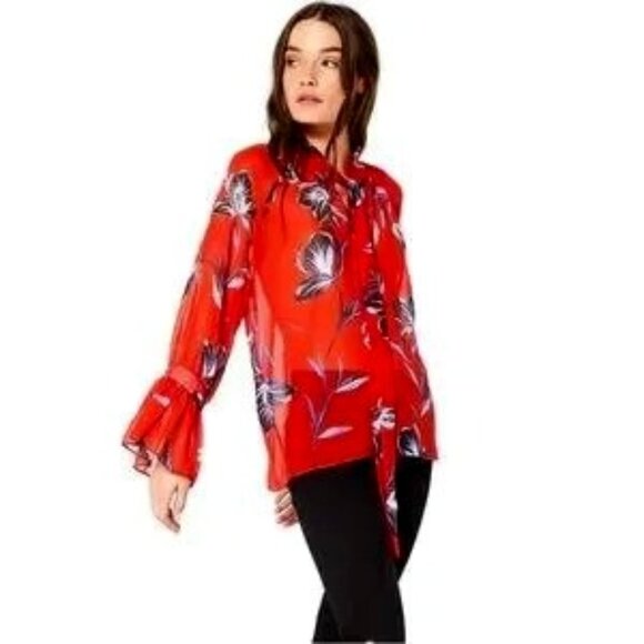 Misa Los Angeles Tops - MISA Los Angeles Gracie Floral Bell Sleeve Tie Neck Semi-sheer Top Red Blouse,XS